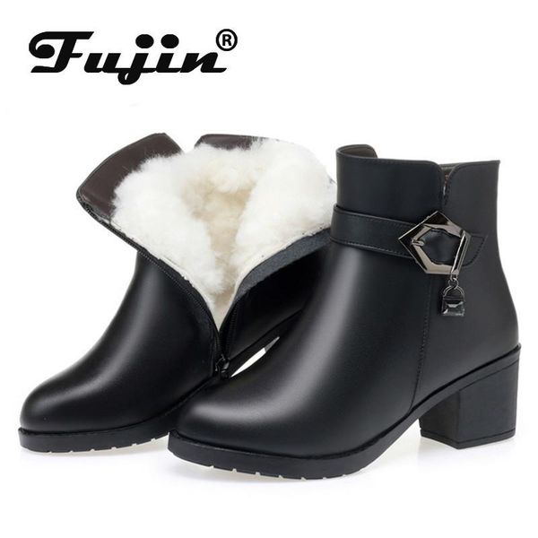 

boots fujin wool women warm snow genuine leather fur shoes zipper plush thick ankle platform fashion winter, Black