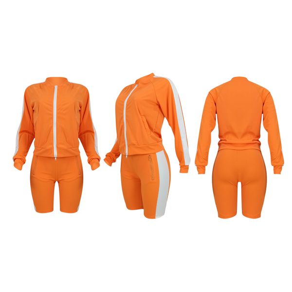 

solid patchwork outfits 2 piece matching sets jackets and biker shorts streetwear two piece set women tracksuit, White