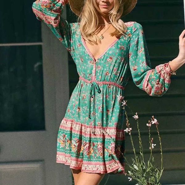 

women's tanks & camis lantern long sleeve mini dress women vintage rayon green floral print adjust waist v-neck autumn vestidos robe wy, White