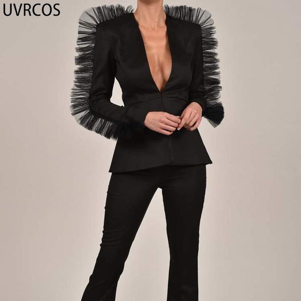 

women's tracksuits uvrcos shorts suit two piece set women solid office lady wear deep v neck long sleeve mesh patchwork coat+zipper str, Gray