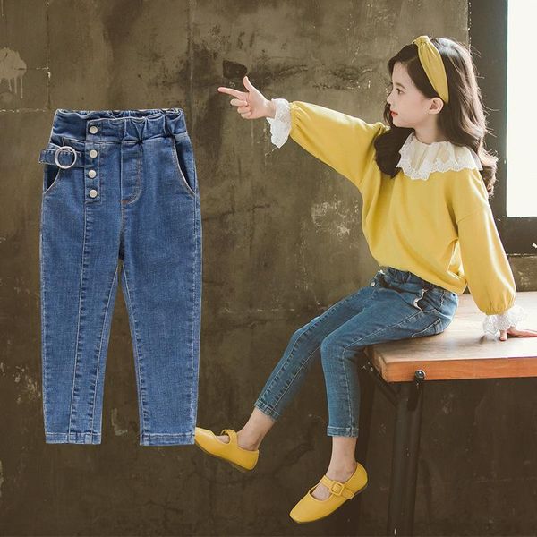 

new spring autumn girls jeans baby girl skinny denim pants kids trousers children fashion button high waist pencil trousers, Blue