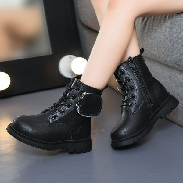 

kids girls martin boots fashion pu flats autumn toddlers shoes black white size 26-36 for 3-10years 210315, Black;red