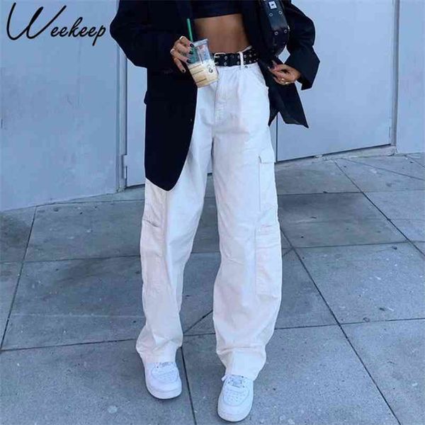 

weekeep fashion streetwear women jeans pocket high waist korean casual straight harajuku denim pants baggy y2k cargo 210818, Blue