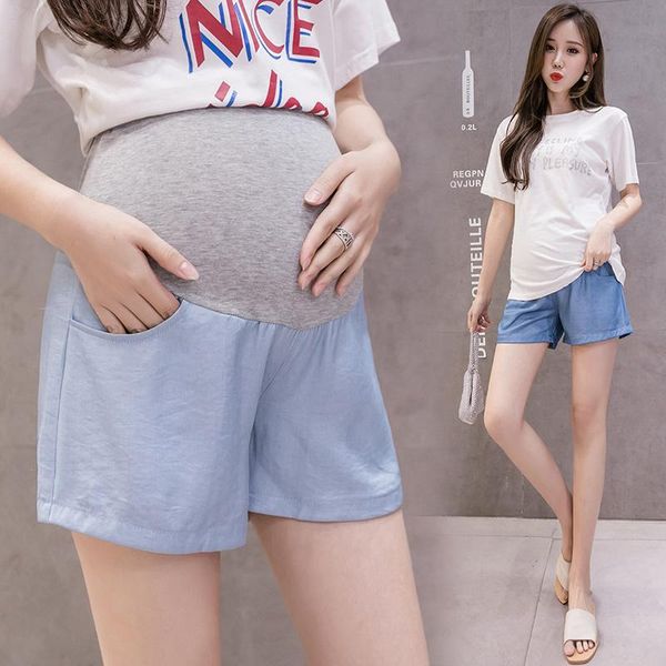 

maternity bottoms 1191#maternity leisure pants summer blue thin fashion shorts elastic waist for pregnant women belly support, White