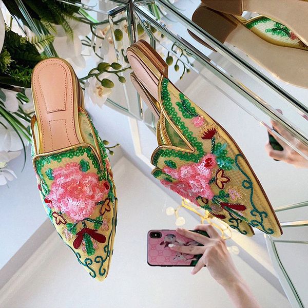 

pointed toe flat heel embroidery mules bling bling sequined flower summer slides real leather formal slippers shoes moccasins for wome t0in#, Black