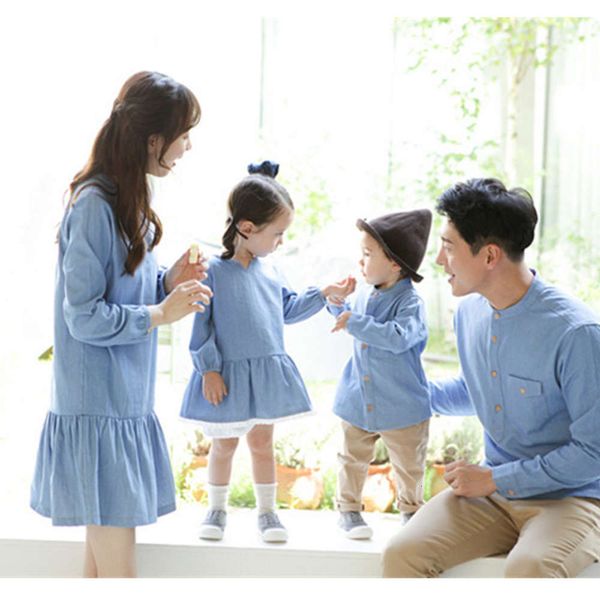 

new 2021 hanfan spring and autumn jeans parent child mother daughter drs father son shirt home decoration, Blue