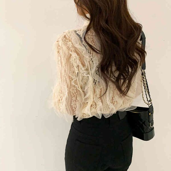 

women's blouses & shirts hollow out crochet lace women korean style beige or black see-through single button long sleeve eleg, White
