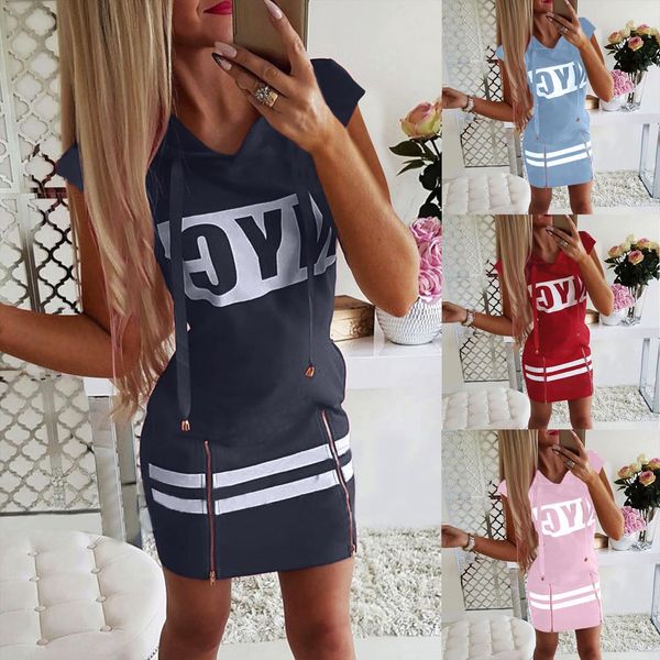 

fashion pullover zipper hooded print womens dresses slim fit loose short sleeve dress, Black;gray