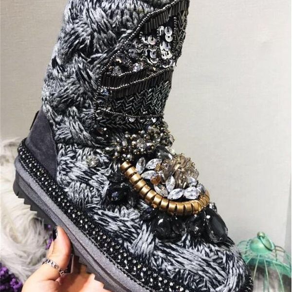 

boots homemade thai tide shoes heavy industry rhinestone beaded sequin wool knitted thick plush snow cotton, Black