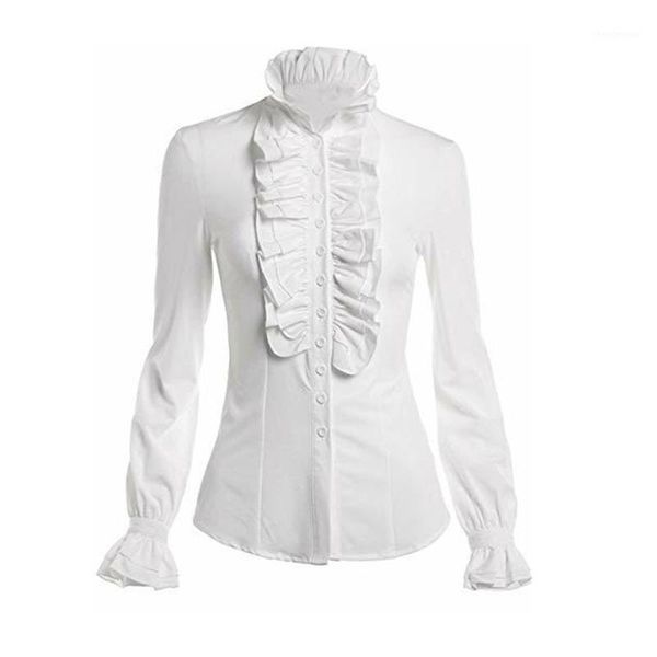 

victorian women bell long sleeve shirts female high neck frill ruffle blouse ol office lady cuff work women's blouses &, White