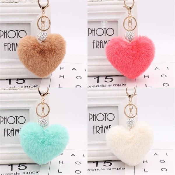 

peach heart shaped key buckle plush imitation rex rabbit hair rhinestone ball keychain women car bag pendant keyring, Silver