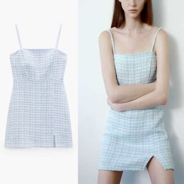 

za textured plaid mini dress women sleeveless thin straps blue summer dress female slit hem back zip vintage tweed dresses 210602, Black;gray