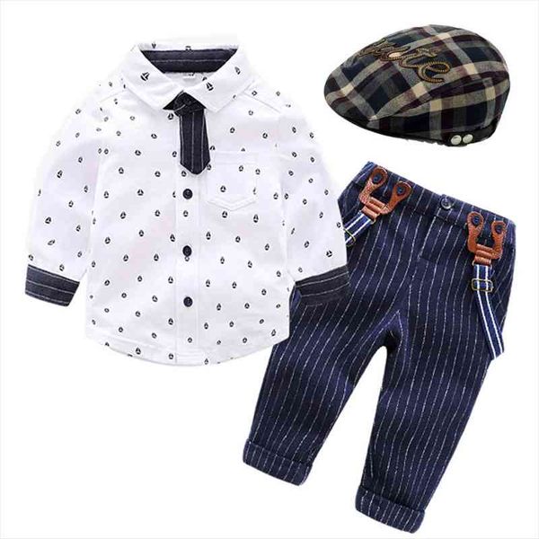 

spring baby boy clothing set toddler kids cap white t shirt striped pants with belt 4 pieces children outfits suit