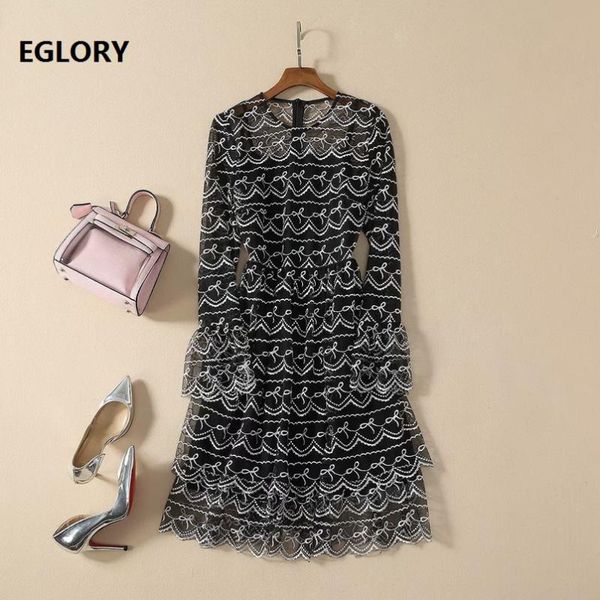 

casual dresses 2021 spring chic fashion dress women o-neck allover butterfly bow embroidery flare sleeve black mesh party club lady, Black;gray