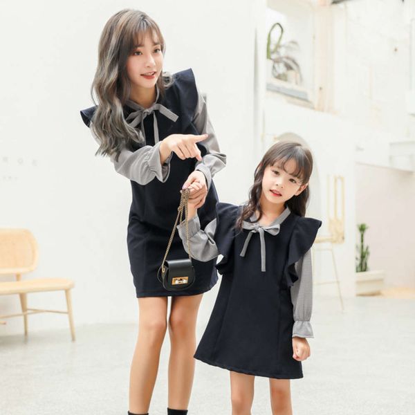 

flounce autumn new korean 956 2021 fake two piece mother parent child drs, Blue