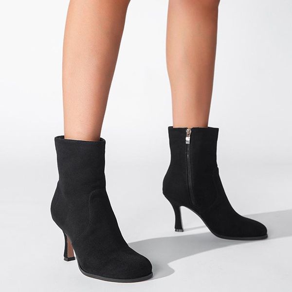 

boots 2021 black flock stiletto round toe ankle women autumn winter shoes lady office booties female high heel short