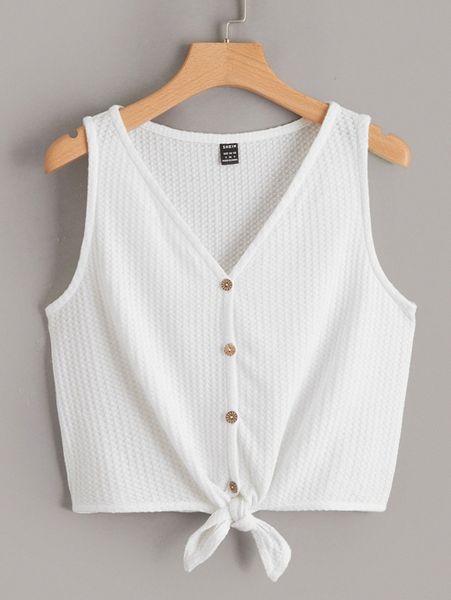 

knot front button front waffle knit tank j6zb#, White