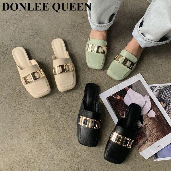 

slippers brand chain women square toe slip on mules shoes flat casual female slide outdoor flip flops green zapatillas mujer, Black