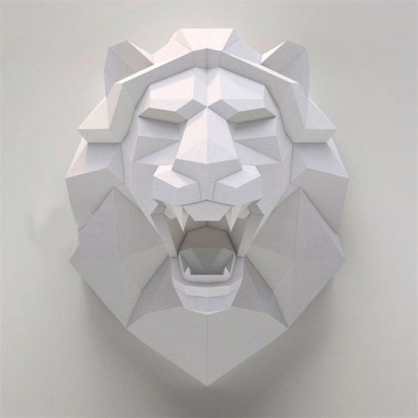 Leão cabeça 3d papel modelo animal escultura papercraft diy ofício para sala de estar decoração casa decoração barra parede arte 211105