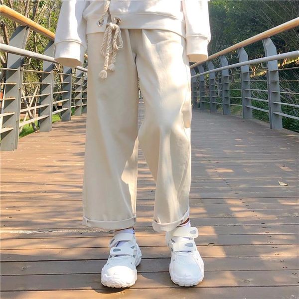 

women's pants & capris japanese kawaii soft girly preppy style loose ruffles pink white girl women pant 2021 autumn high waist leg trou, Black;white