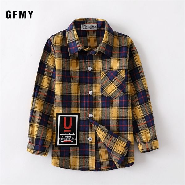 GFMY Primavera estate 100% cotone a maniche lunghe Moda Plaid Boys Shirt 2T-14T Casual Big Kid Clothes può essere un cappotto 210306