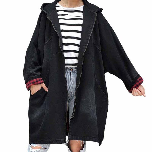 

women's trench coats large size bat type denim coat women hooded outerwear thicken loose sleeve windbreaker female bf jeans g328, Tan;black