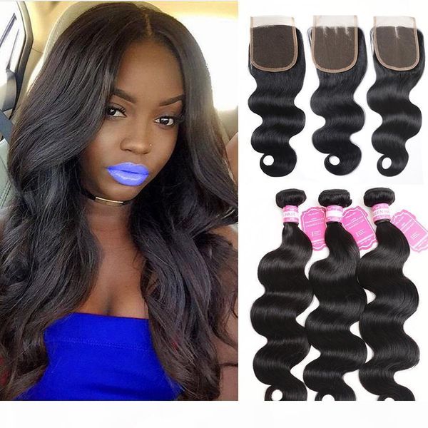 

brazilian body wave human hair weaves extensions 3 bundles with closure middle 3 part double weft 100g pc, Black;brown