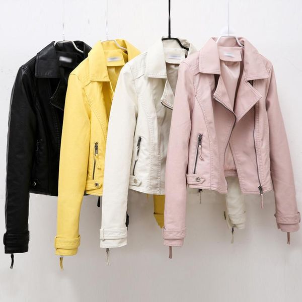 

women's leather & faux women short pu jacket winter autumn ladies soft coat slim black yellow motorcycle zipper female outerwear