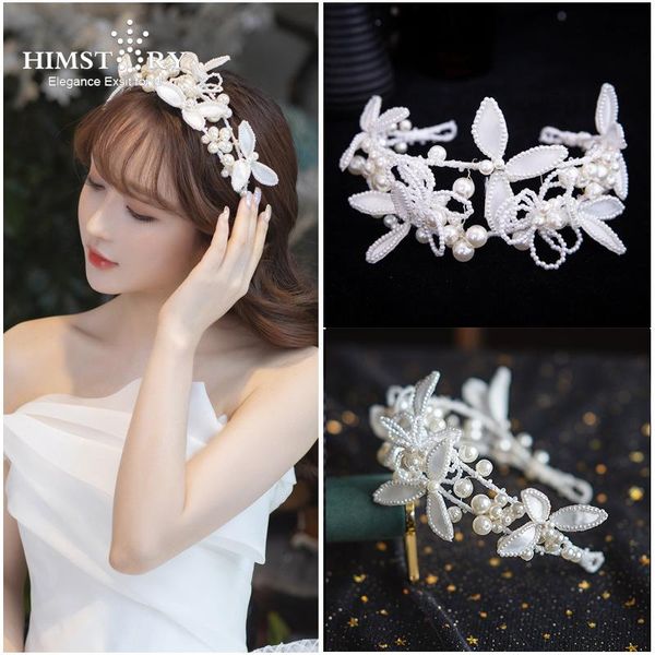 

himstory white flower headpieces headdress handmade pearl hairbands for bride women tiara crown wedding hair accessories jewelry, Golden;silver
