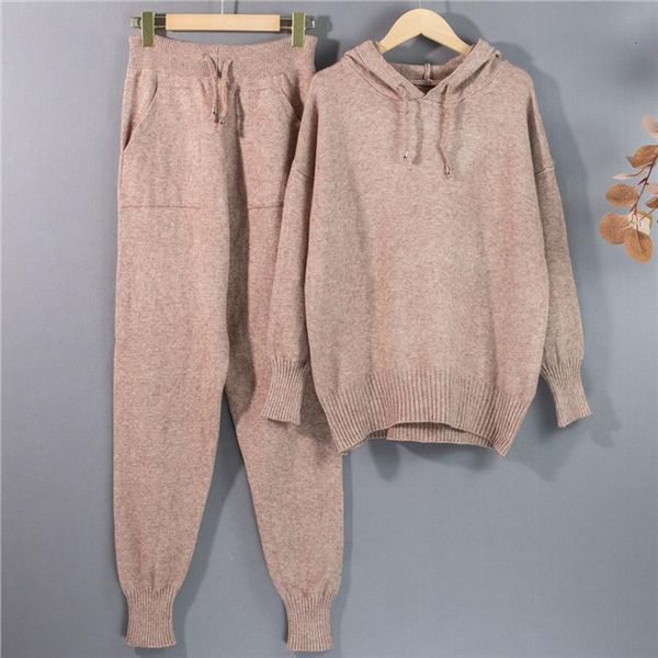 

winter warm knit hooded sweater women tracksuits beam foot tall waist trousers leisure suit, Gray
