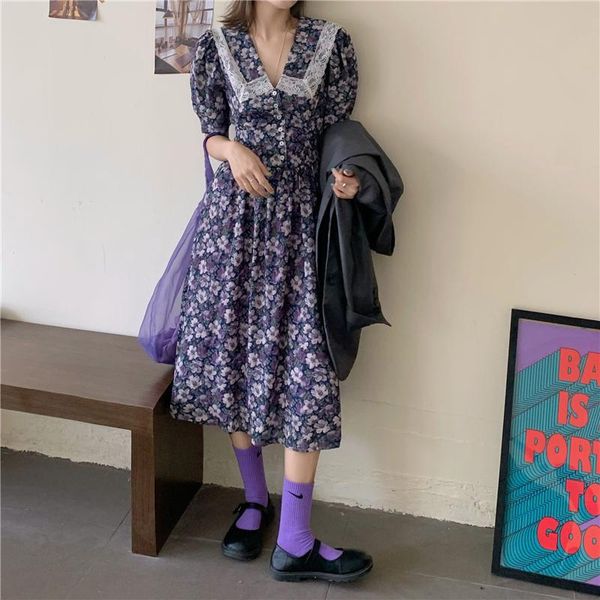 

casual dresses women dress summer elegant short sleeve flowers print floral lace patchwork v neck boho beach vestidos femme robe, Black;gray