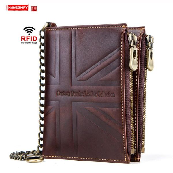 

new retro cowhide double zipper coin purse rfid anti-theft brush short leather men's wallet card holder small wallets male, Red;black
