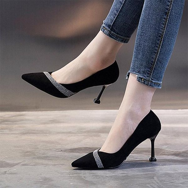 

dress shoes spring autumn high heels pointed toe woman pumps patchwork boat thin office lady shoe zapatos mujer 7744, Black