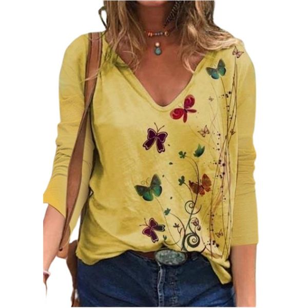 

women's t-shirt butterfly print long sleeved v neck t shirt spring autumn all match street hipster loose casual ladies tees 3xl, White