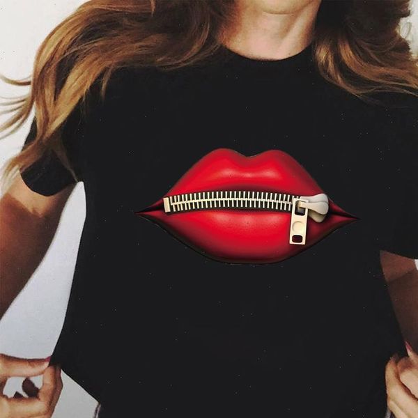 

fashion womens summer new casual sequins red lip t shirt short sleeve t shirts vintage creativity zipper lips t shirt, White