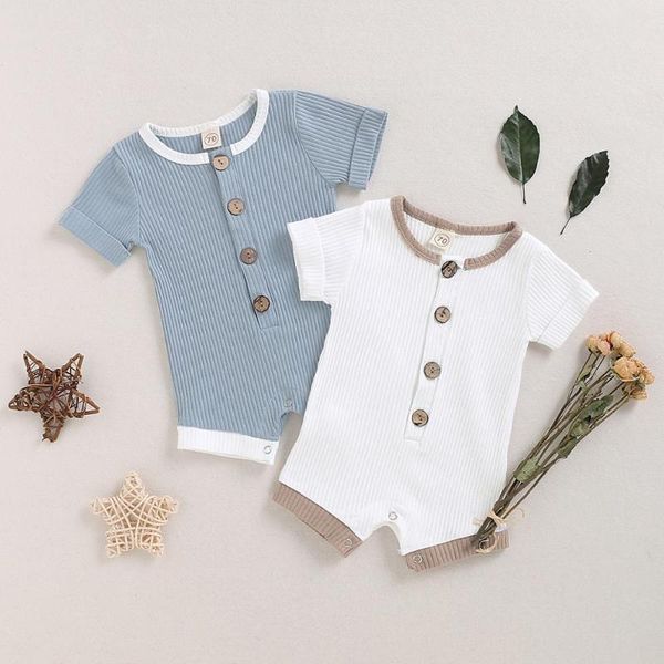 

0-18m newborn infant baby boys girls clothes ribbed solid romper jumpsuit short sleeve summer baby boy outfit, Blue