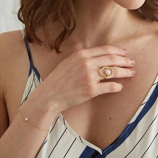 

wedding rings metal minimalist geometric round imitation pearl for women fashion party jewelry gifts, Slivery;golden