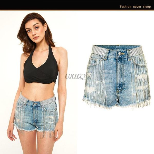 

women's jeans summer jeans, tassels, wide legs, high waist, heavy industry, diamond chain denim shorts, trendy fashion style 2021, Blue
