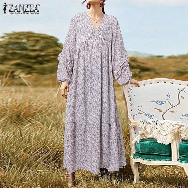 

new 2021 zanzea women bohemian v neck sleeve floral printed long springfemale vintage party vestidos robe maxi sun 6cz3, Black;gray