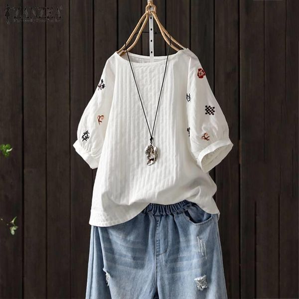 

fashion 2021 zanzea women floral embroidery blouse casual short sleeve cotton tunic summer party shirts female blusas, White
