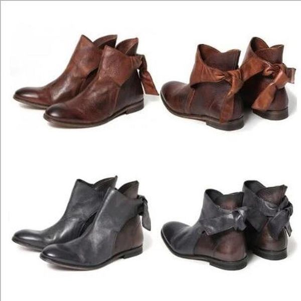 

boots women ankle flats shoes woman short booties vintage pu leather bowties shoe chaussures femme zapatos mujer sapato d2376, Black