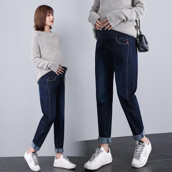 

maternity bottoms 533# pants spring autumn thin straight leisure jeans belly support elastic waist trousers, White