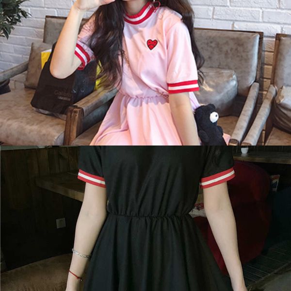 

women's lovely sweet dress japan style kawaii ulzzang cute love embroidered vestidos female 2020 girls korean harajuku dresses c0304, Black;gray
