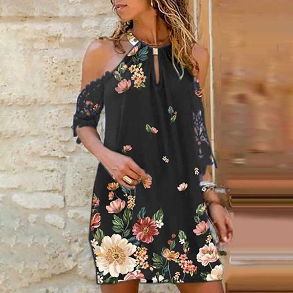 

women cold shoulder halter floral print mini dresses fashion female loose fit summer above knee short casual dress 210716, Black;gray
