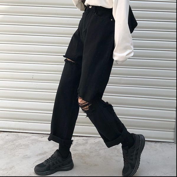 

2021 vintage loose jeans black straight wide leg jeans waist ripped jeans for women knee ripped pants mom boyfriends, Blue