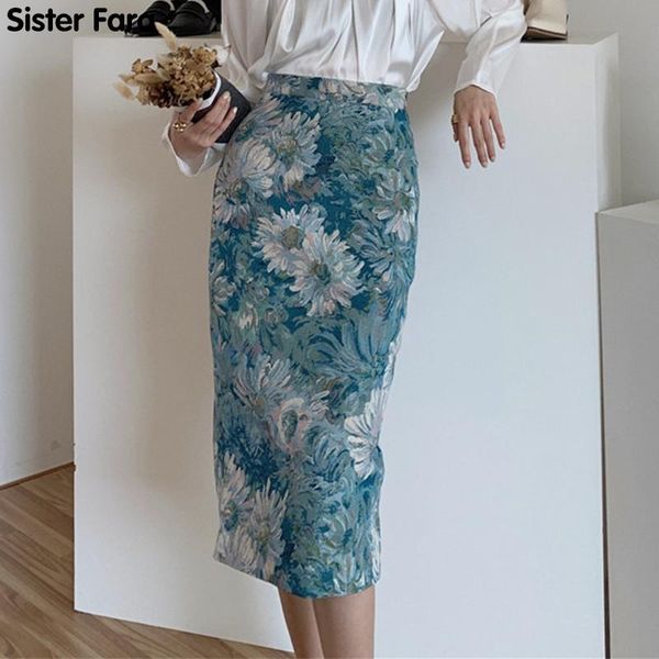 

skirts sister fara spring 2021 floral print split skirt women high waist casual slim mid-calf office lady straight half, Black