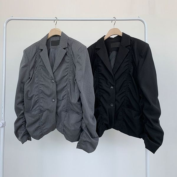 

men s wear autumn solid color pleated design korean casual suit coat black grey single breasted long sleeve blazer chic, White;black