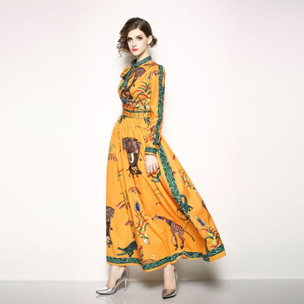 

2021 runway designer floral long new fashion womens full sleeve vintage printed casual maxi dress vestido de festa p2k6, Black;gray