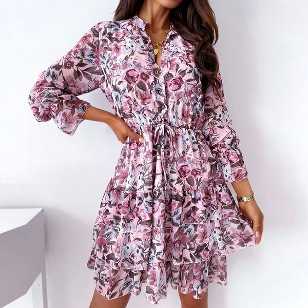 

women autumn flower print shirt dress 2021 single breasted cascading ruffle long sleeve office dress a line female party dresss, Black;gray