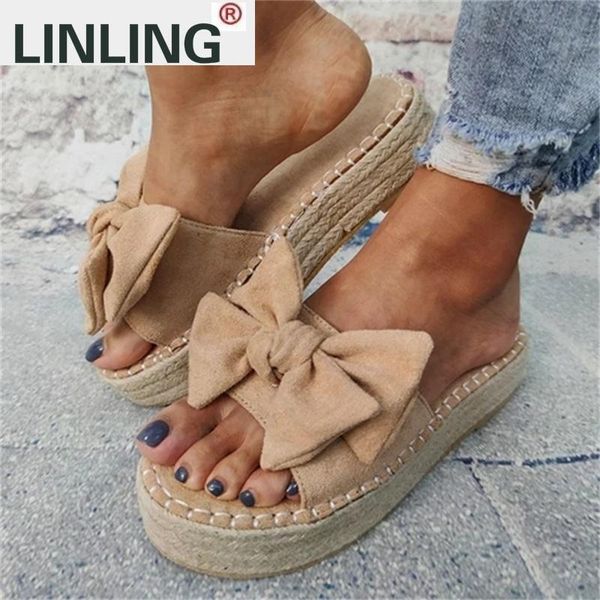 

sandals women bowknot slippers 2021 summer casual beach muffin slip on platform ladies dress party peep toe female, Black